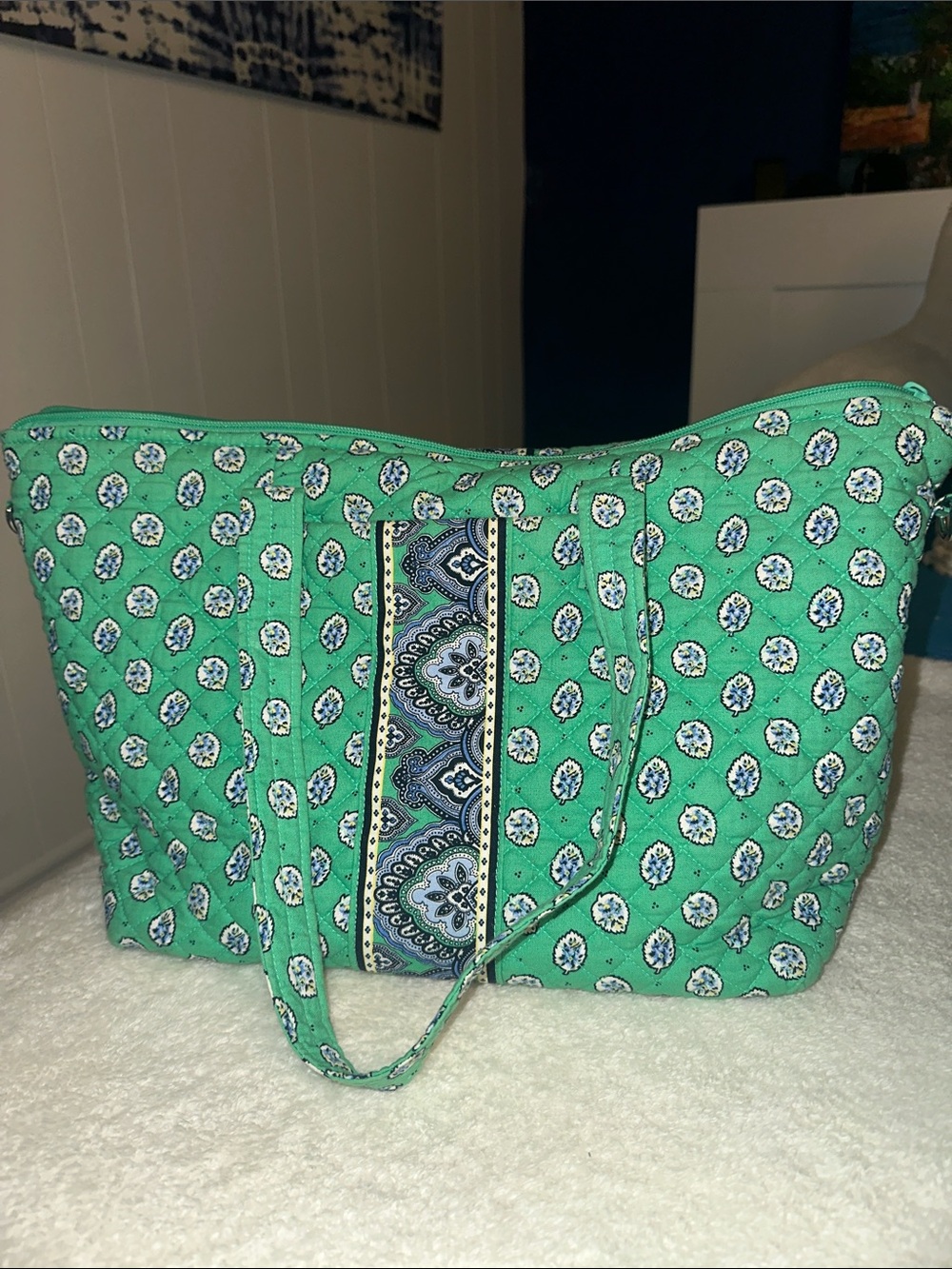 Green Quilted Printed Tote Bag with Decorative Center Panel